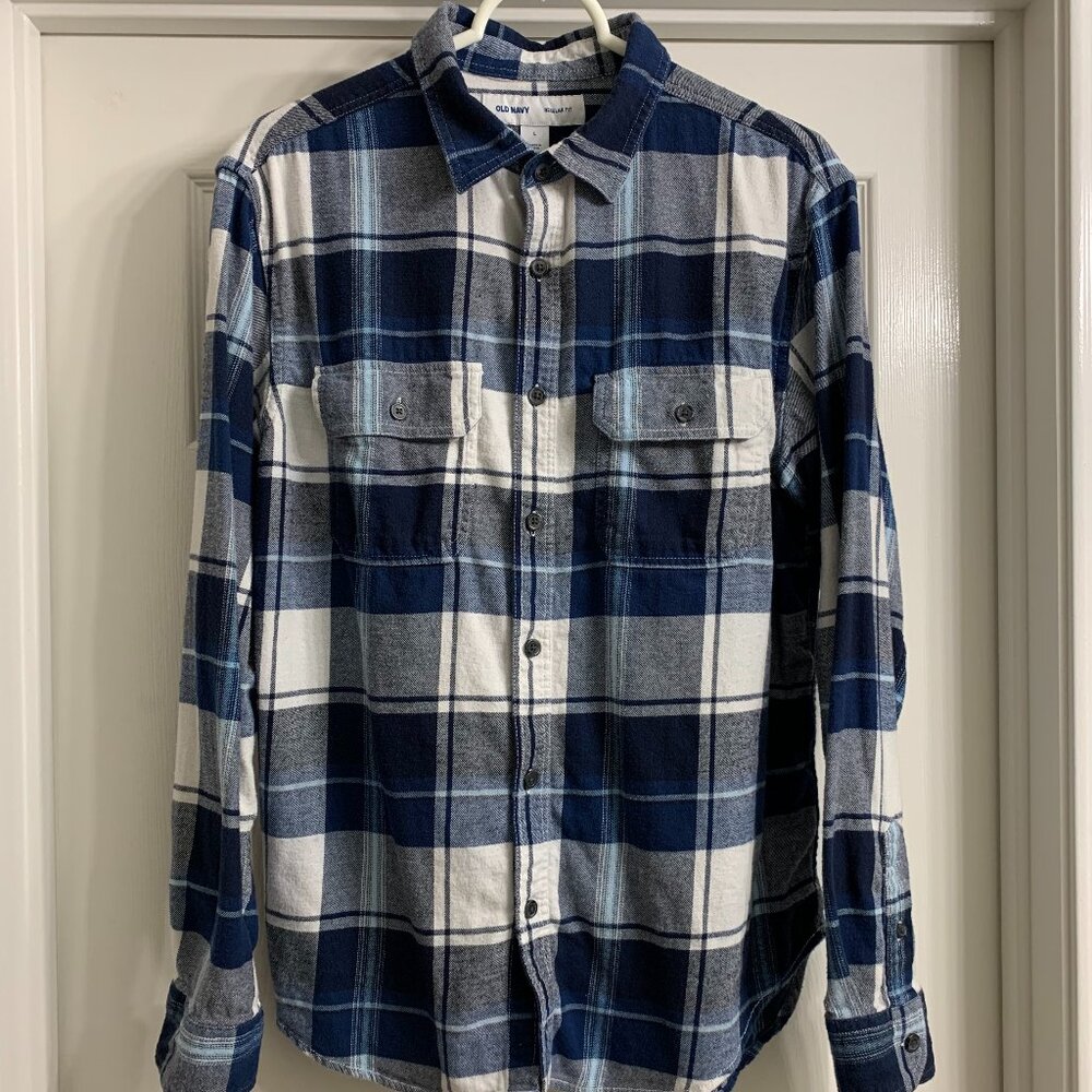 Old Navy Men's Blue/White Plaid Flannel Shirt, Size Large
